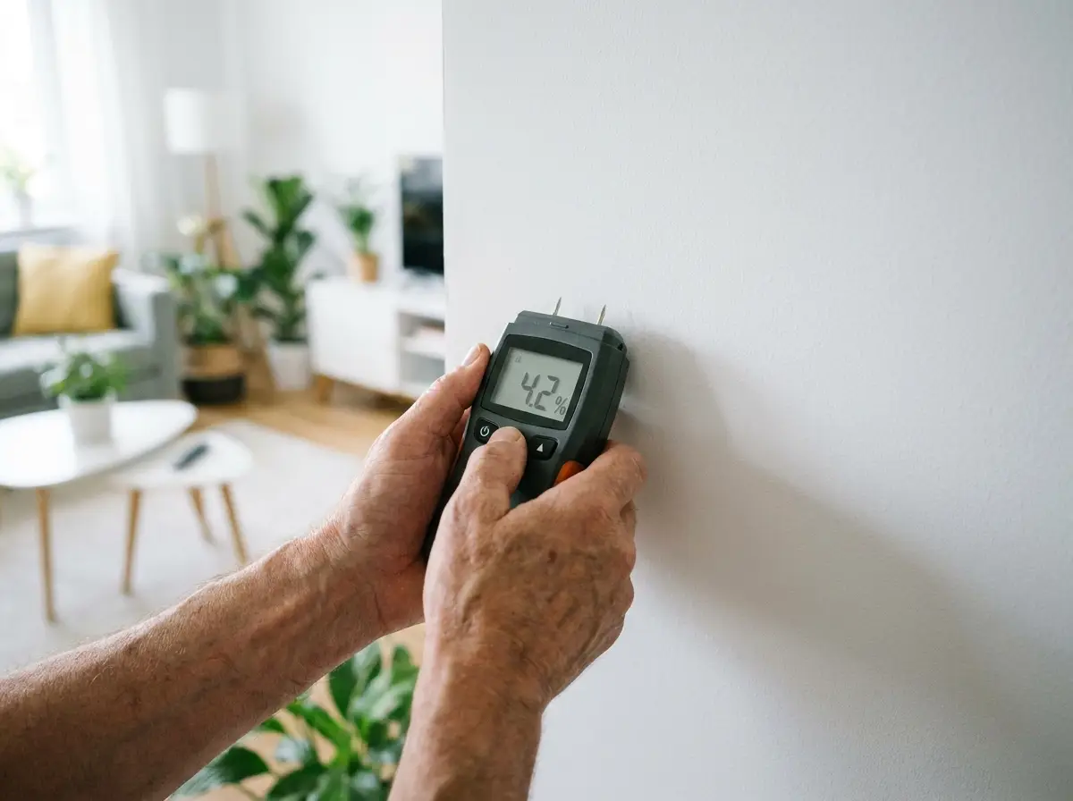 Humidimètre à broches contre un mur repeint et sec affichant une valeur d'humidité basse