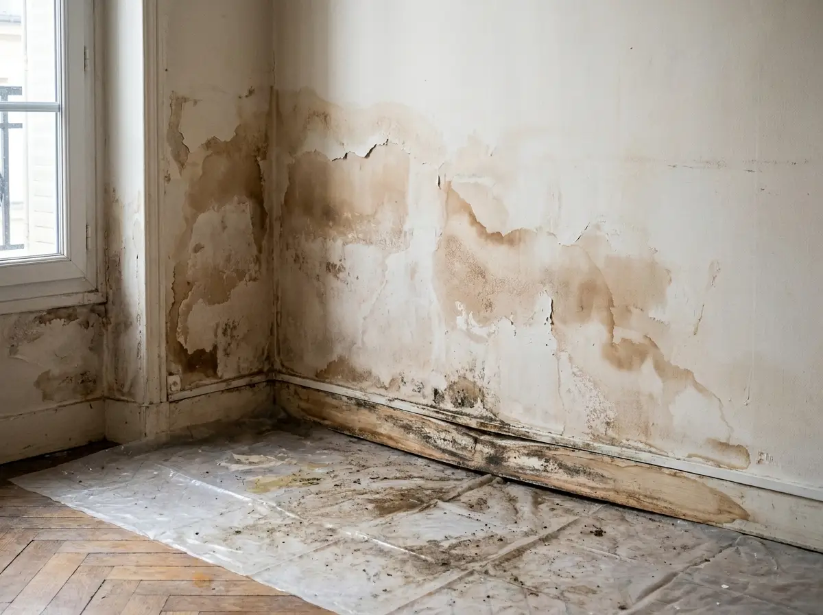 Mur d'appartement après un dégât des eaux, auréoles brunes et peinture cloquée