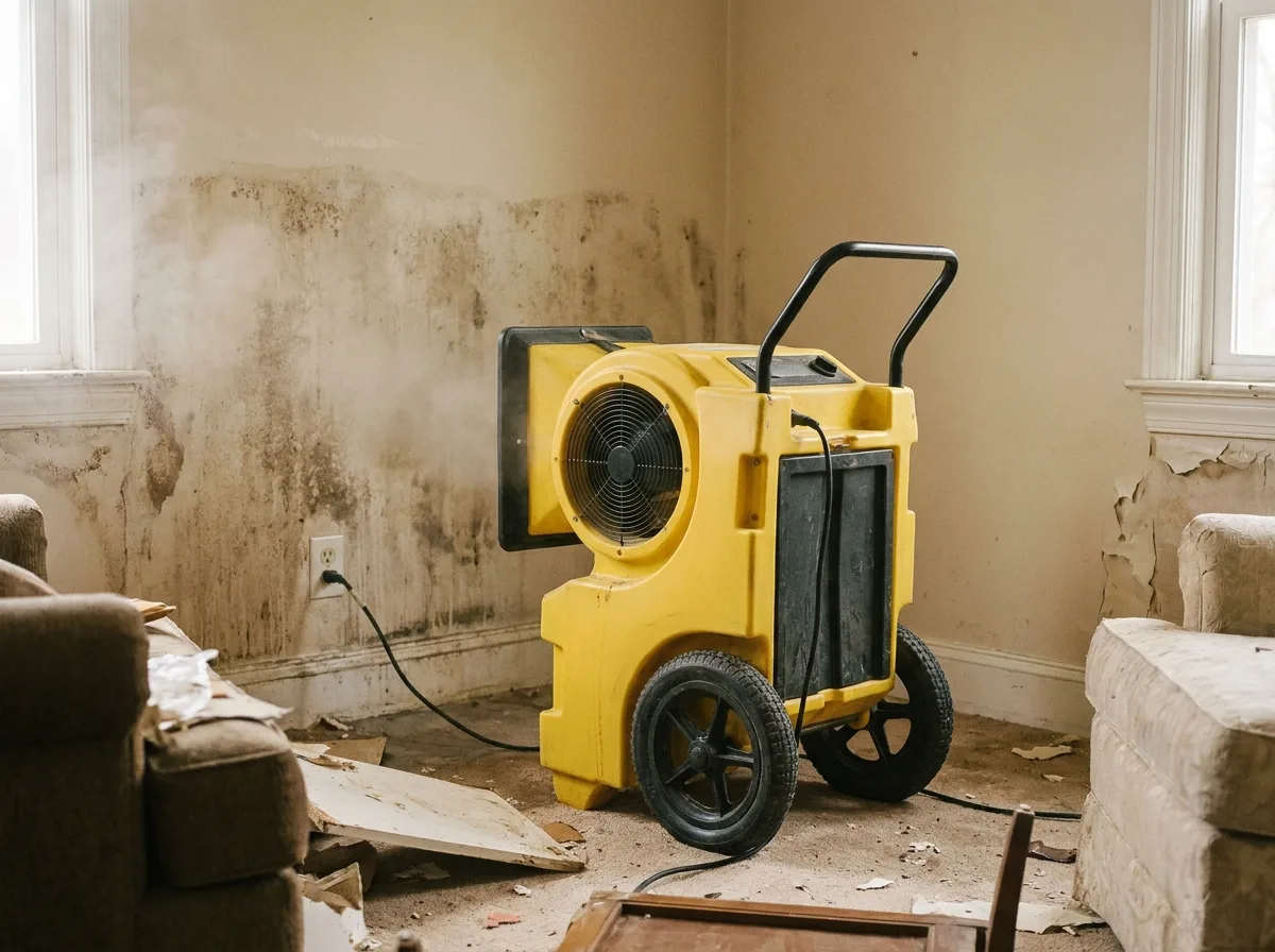 Déshumidificateur professionnel Livair en fonctionnement dans un salon après un dégât des eaux